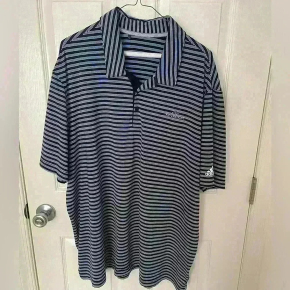 Adidas Men's Short Sleeve Polo Shirt Rivercrest GC Navy Blue White Stripe No Tag - Picture 1 of 7